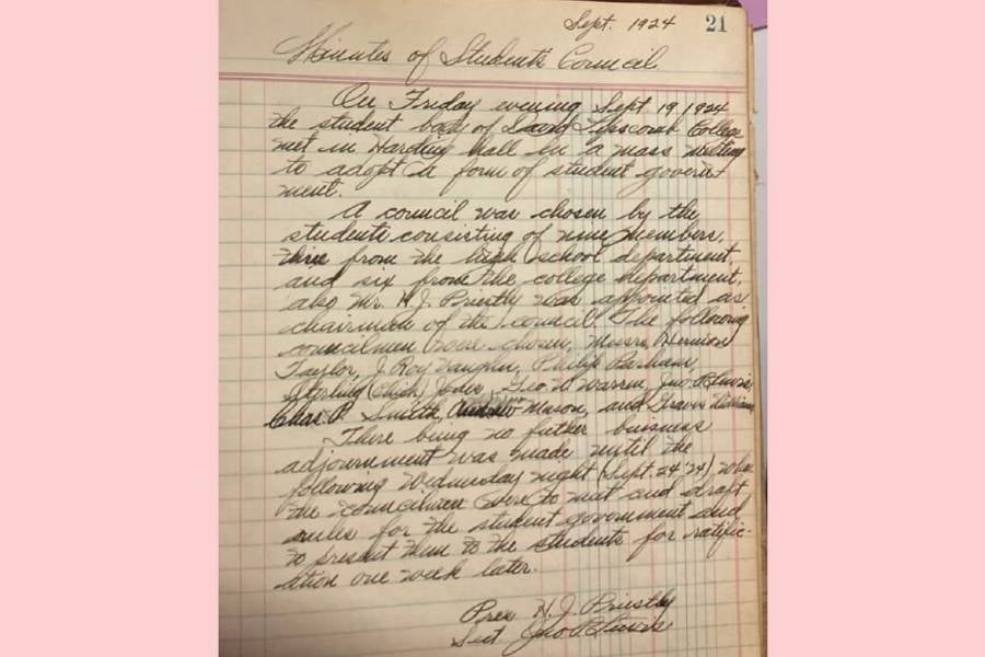 Minutes from the first student government meeting on Sept. 19, 1924.