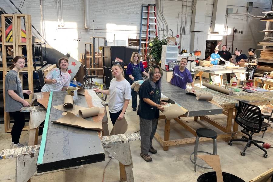 Students working on production props in the new Scene Shop.