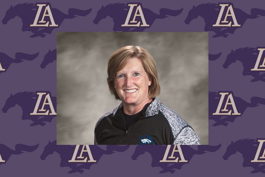 Image of Michelle York overlaid on repeating Lipscomb Academy athletics logo