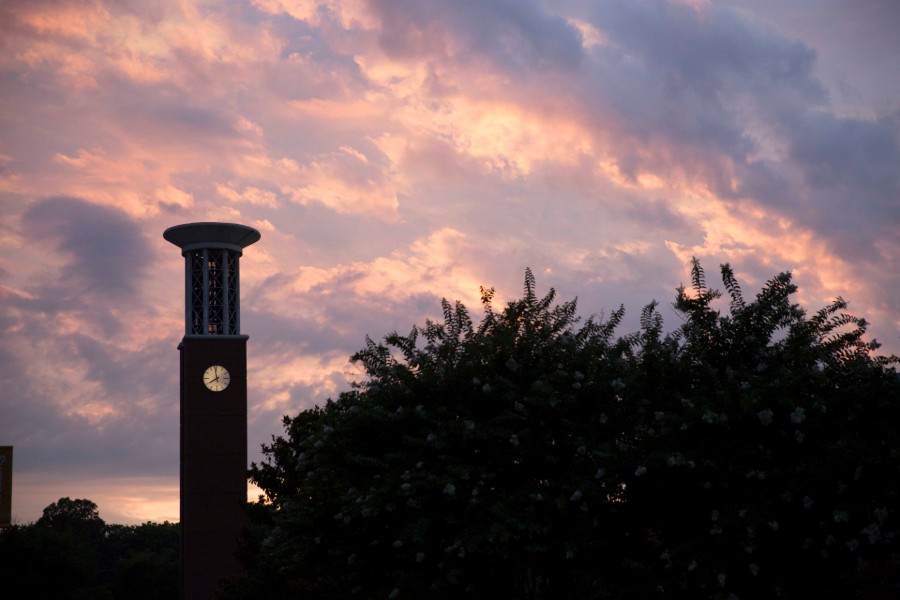 News - Campus shot of Bell Tower and Pink Sky