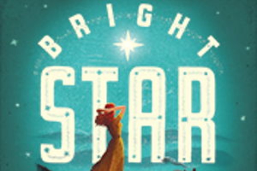 Theater poster of Bright Star with female standing in front of the words Bright Star.