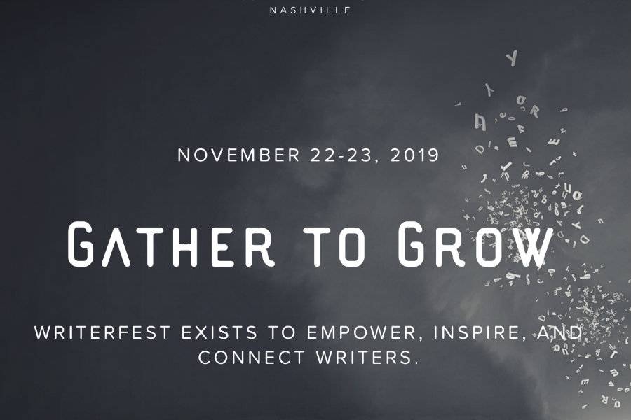 Dark background with words in white that say "Gather to Grow"