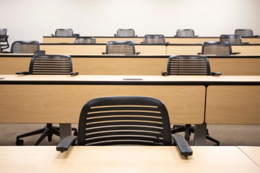 Classroom with chairs physically distanced