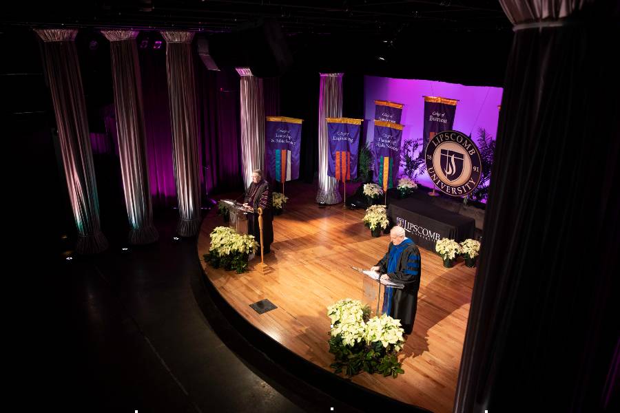 Shamblin Theatre stage for virtual commencement