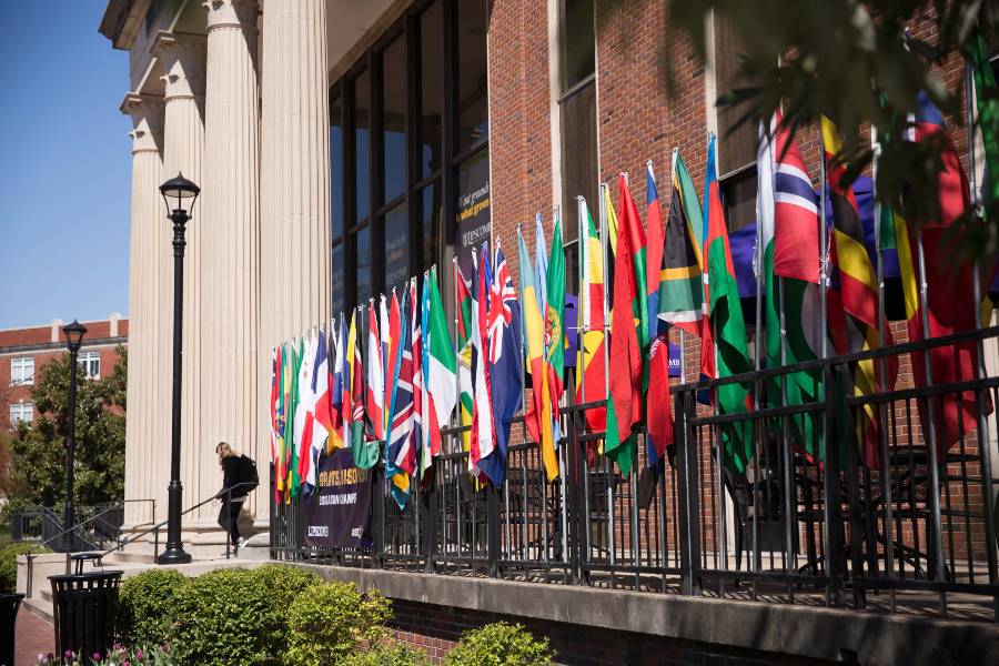 Flags lining Bennett Campus Center