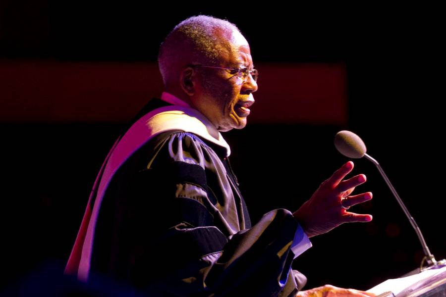 Fred Gray in commencement regalia