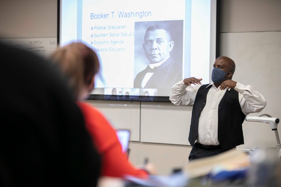 Dean David Holmes teaching in the Intro to African American Studies course