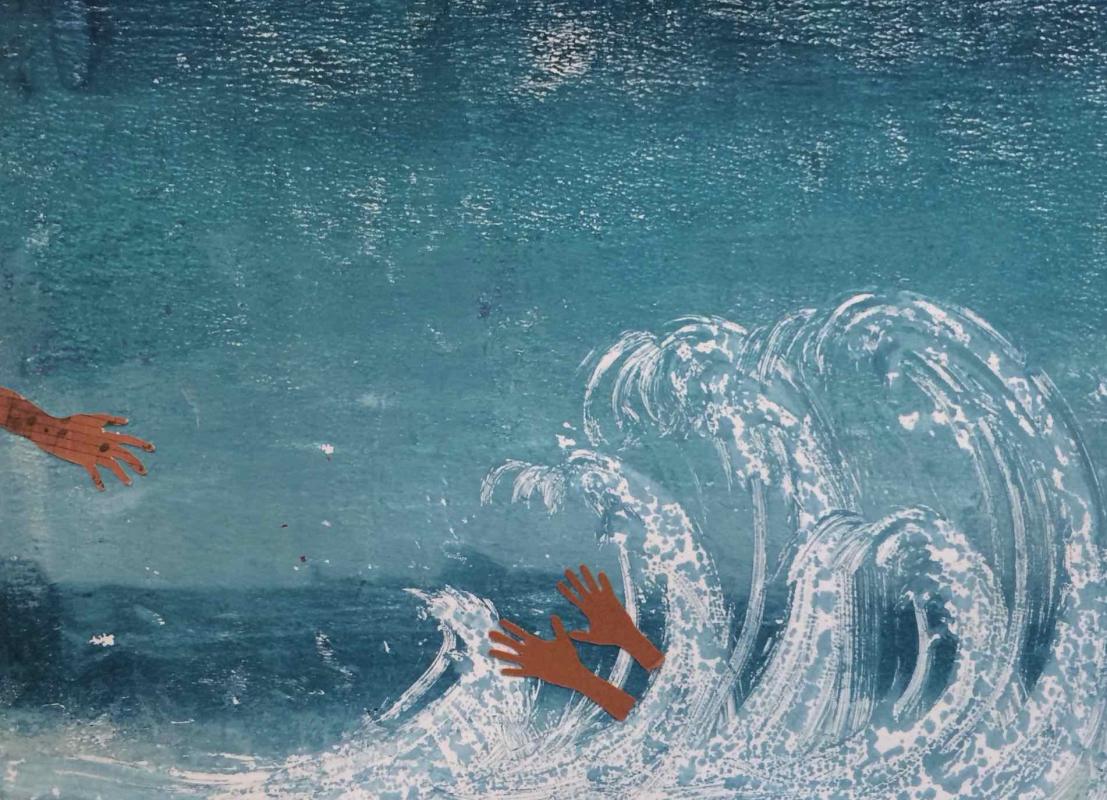 A hand from the left outstretches toward two hands reaching out of an ocean wave.