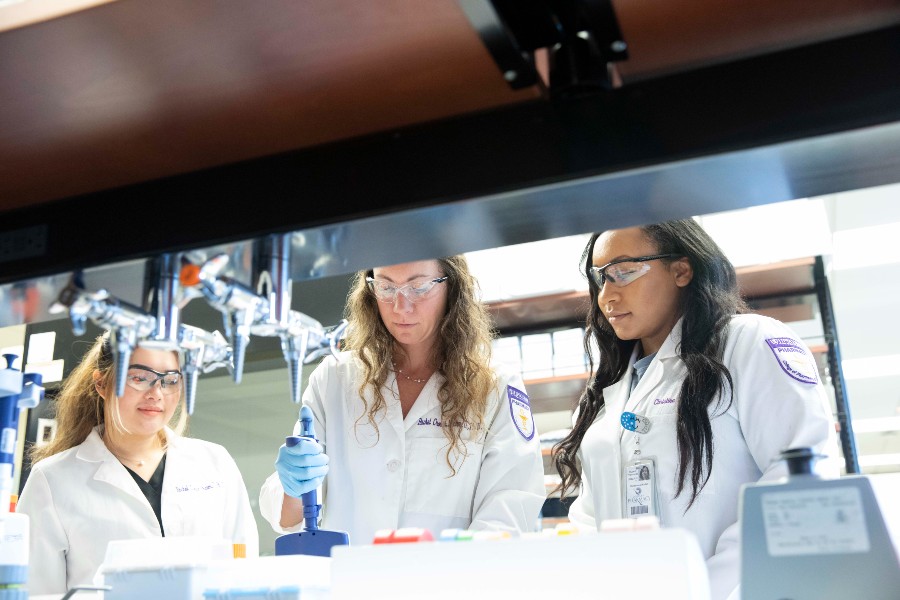 DR. RACHEL CROUCH (MIDDLE), WHO WON A NEW INVESTIGATOR AWARD FROM THE AMERICAN ASSOCIATION OF COLLEGES OF PHARMACY, WORKS WITH CAITHLYNE GUEVARRA, P3 (LEFT) AND CHRISTINE HUNTER, P4 (RIGHT) IN THE PHARMACEUTICAL SCIENCES RESEARCH CENTER
