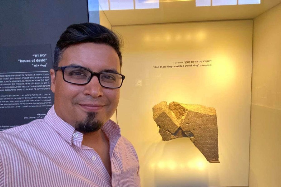 Henry Padilla at the Israel Museum with Tel Dan inscription