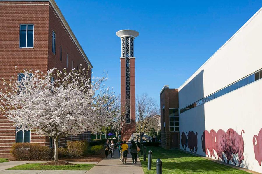 Lipscomb University campus in spring with Ezell and SAC buildings