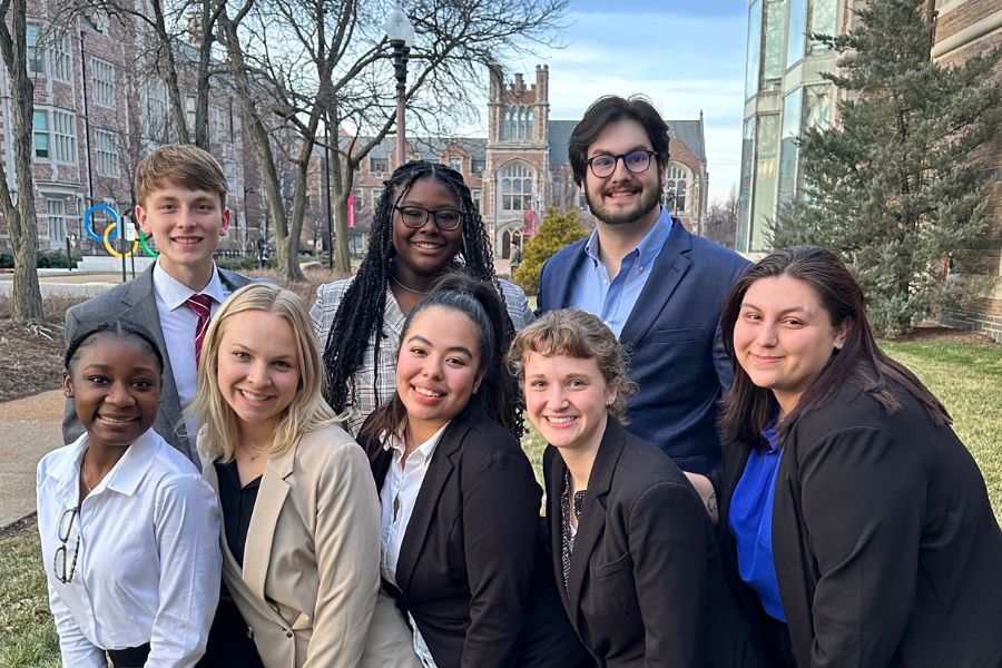 Law Justice and Society students pose as a team at AMTA Regional Competition in St. Louis, MO