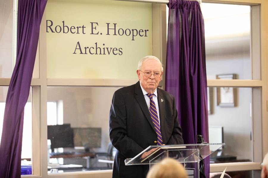 Bob Hooper speaking at the dedication of the Robert E. Hooper Archives on March 28. 