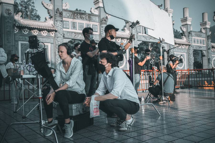 Sydney Tooley, left, and Steve Taylor on set in Taiwan