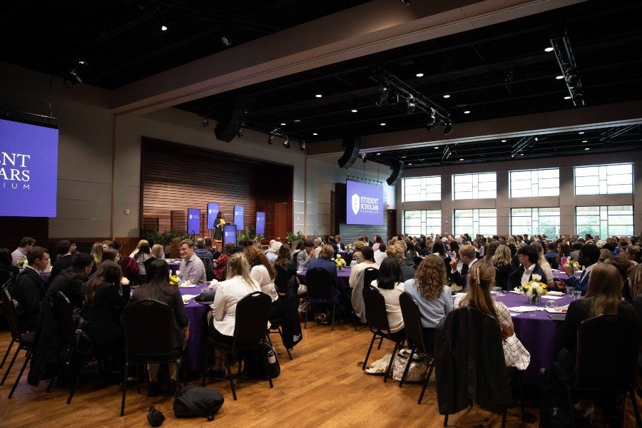 The symposium crowd of more than 300 in the George Shinn center.