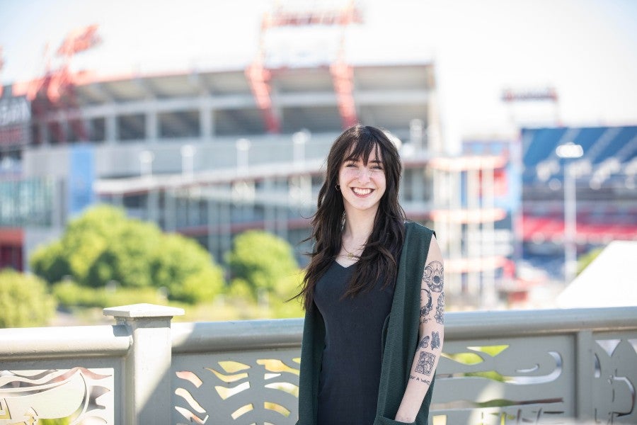 Kristen Jud with the East Bank in the background