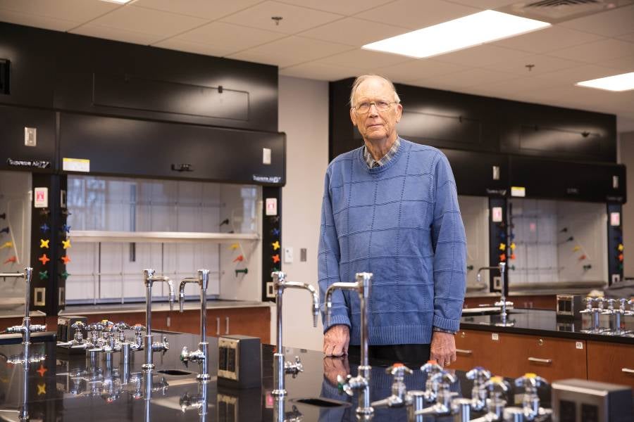 Dr. Paul Langford in the lab named in his honor in McFarland Science Center.