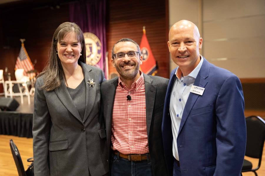 Lipscomb President Candice McQueen, Jordan Raynor and Rob Touchstone, director of the Center for Vocational Discovery.