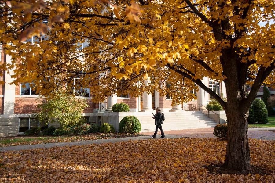 student walking in the leaves.