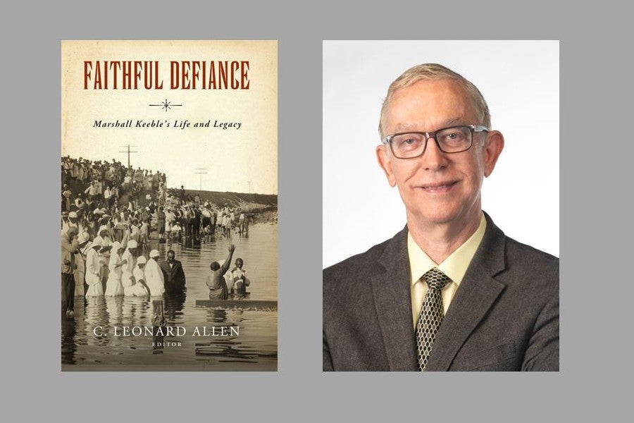 Cover of Faithful Defiance on the left, and a portrait of Leonard Allen on the right