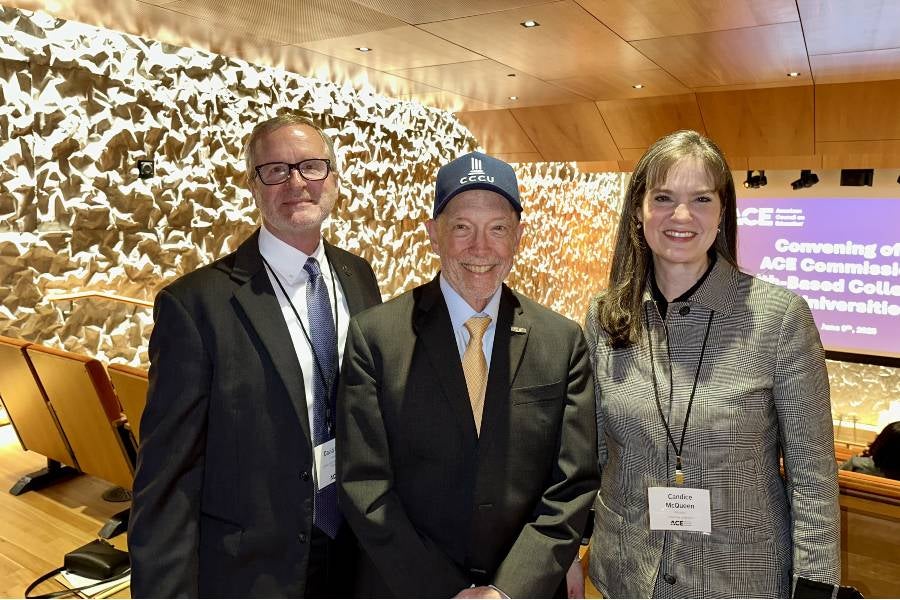 Dr. Candice McQueen with David Hoag, president of the CCCU, and Ted Mitchell, president of ACE.