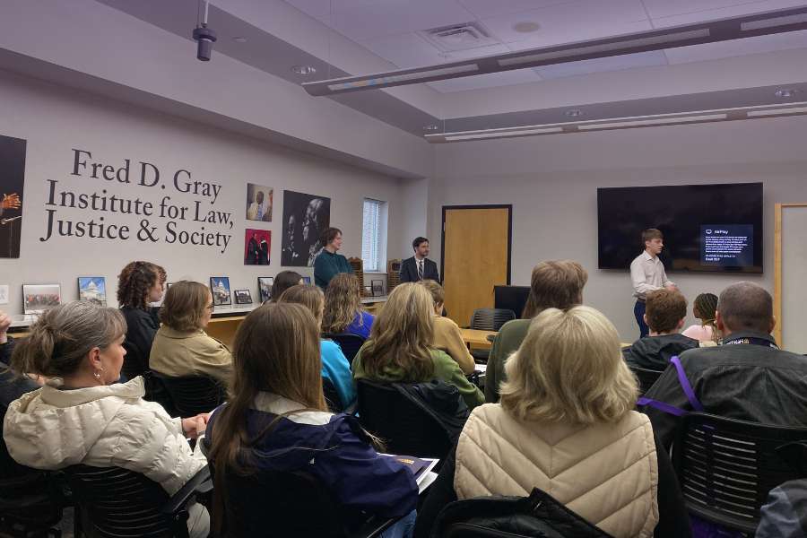 Mitchell Roberts presents to accepted students and parents at Lipscomb's Presidential Scholars Weekend in the Fred Gray Center