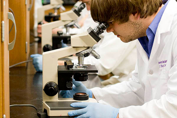 A student in a lab coat uses a microscope to look at a microscope slide