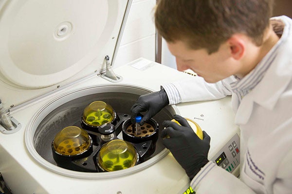 A student in a lab coat puts a vial of liquid into a centrifuge