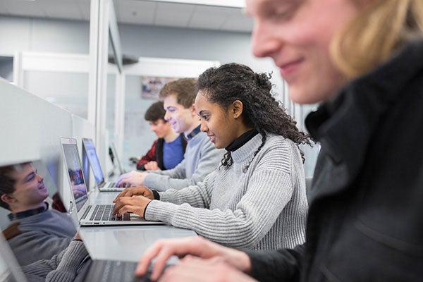 Four students sit alongside one another completing work on their laptops