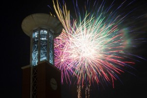 Fireworks with Allen Bell Tower to the side
