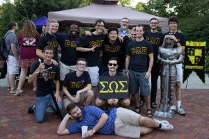 Group of SOS club members in Bison Square with Dr. Gallaher