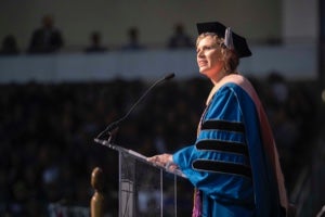 Chelsia Harris, executive director of Lipscomb's School of Nursing, at podium