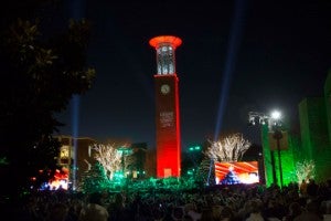 Lipscomb bell tower lit up for Christmas. 