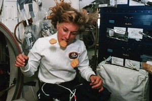 Jan Davis eating cookies in space