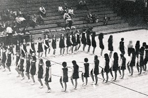 The Bisonettes marching at half time in McQuiddy Gym