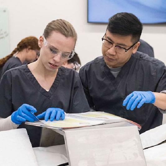 students going over files