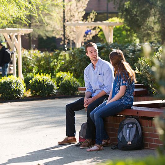 Students outside on bench
