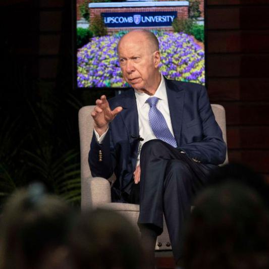 David Gergen on stage speaking at the 2022 Don R. Elliott Presidential Lecture