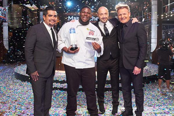 Gerron Hurt, second from left, stands with judges Aarón Sanchez, Joe Bastianich and Gordon Ramsay after winning Season 9 MasterChef competition.